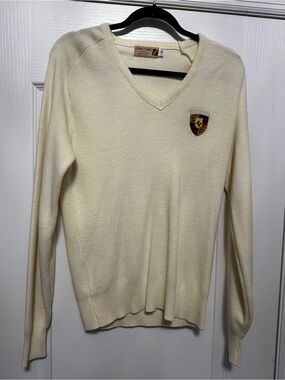 VTG 80s Logo 7 Porsche V-Neck Knit Sweater Cream Men’s Medium USA Made